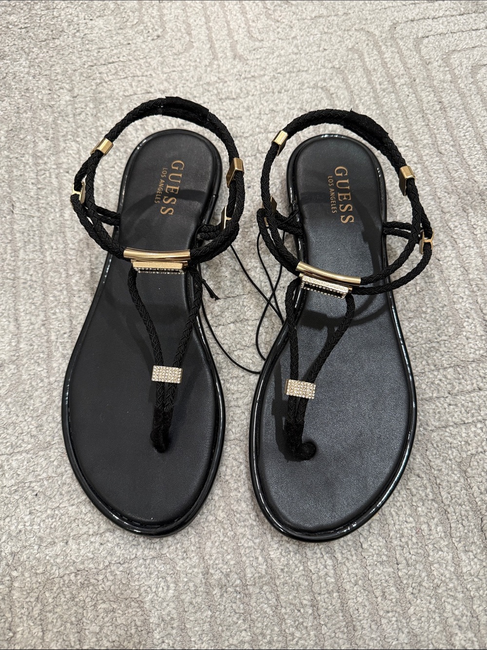 Guess Black Braided T-Strap Sandals with Gold Hardware